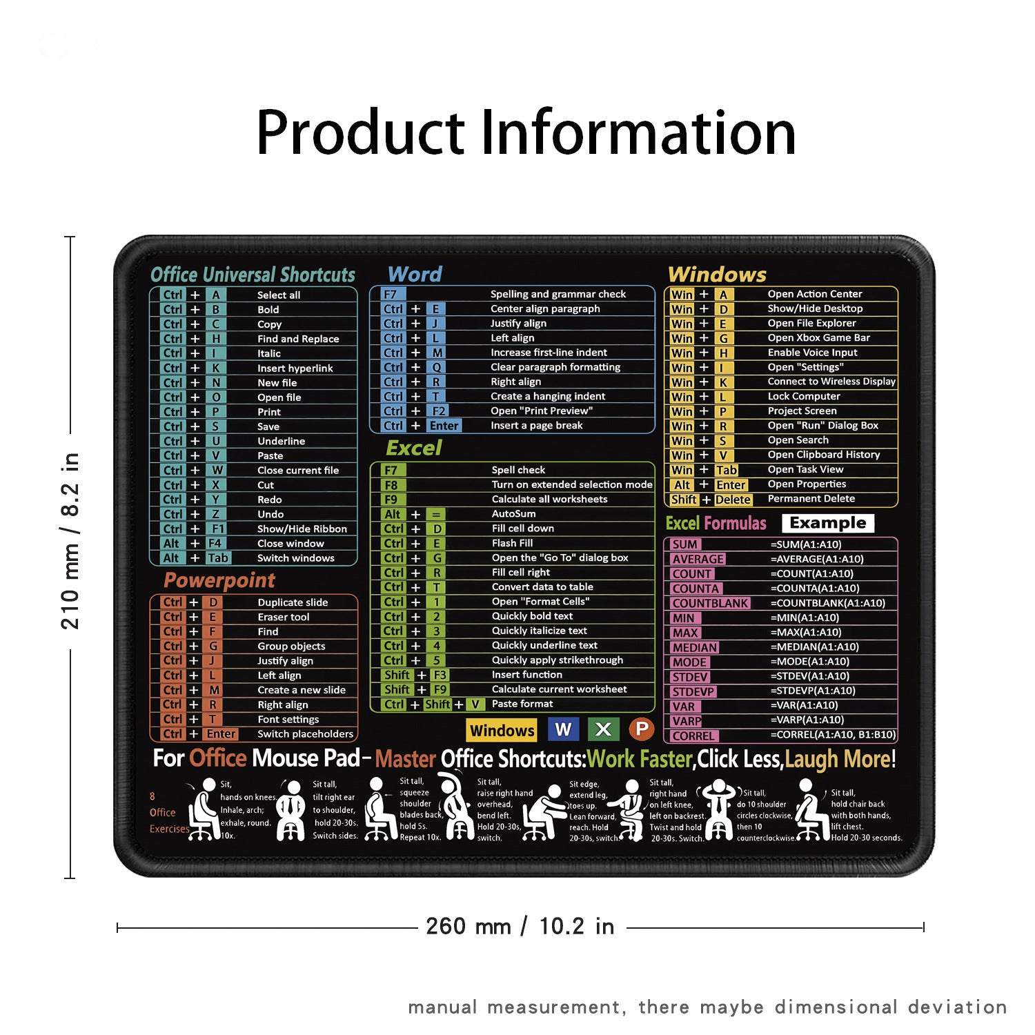 Teclas de acceso rápido de Excel en inglés, alfombrilla de ratón personalizada para oficina IP, computadora grande, cuaderno, alfombrilla especial pequeña para mesa