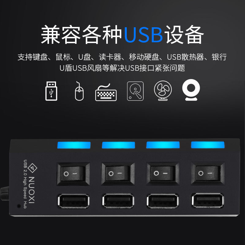 Estación de acoplamiento USB 2.0 con conmutador independiente, divisor y expansor hub 2.0 a 4 puertos